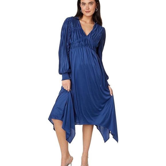 En Saison Lisa Midi Dress Satin Blue Size Medium Long Sleeve Balloon V-Neck - Picture 1 of 10